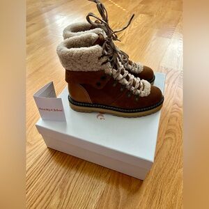 Like New! SEE BY CHLOÉ Eilieen shearling-lined suede and leather ankle boots
